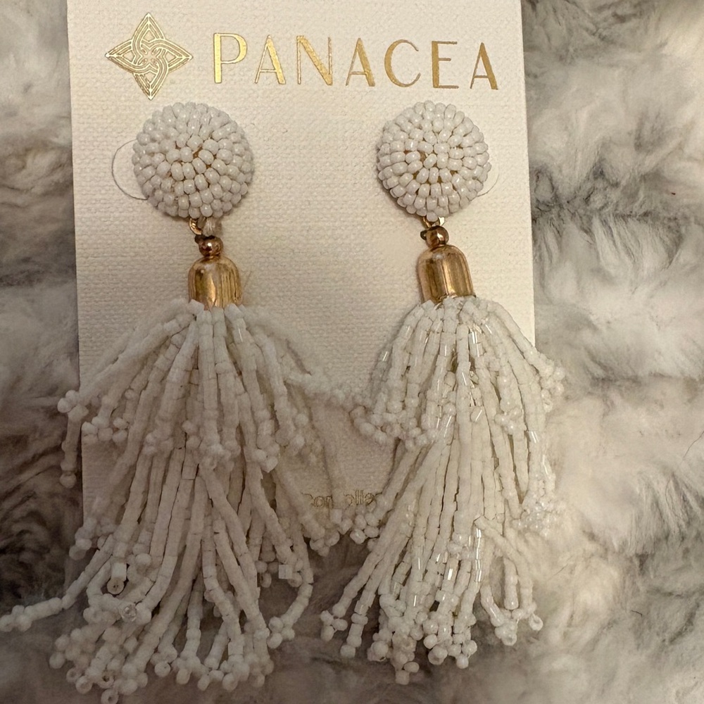 Panacea Cache White Beaded Tassel Drop Earrings
